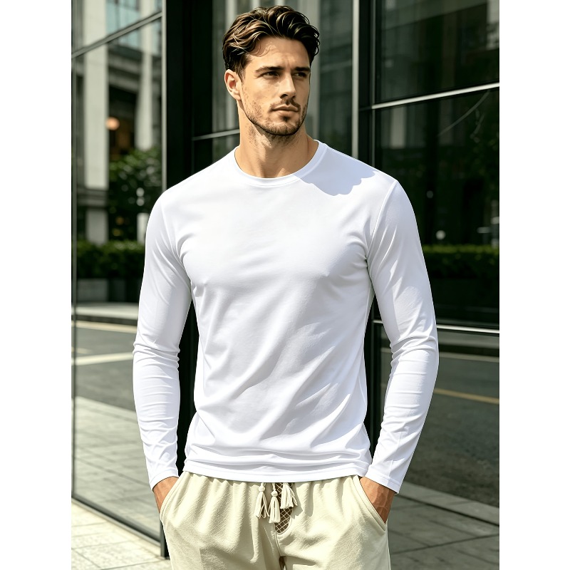 Outdoor Sports - 無地のラウンドネック長袖Tシャツ。 アウトドアスポーツ用カジュアルTシャツ、カジュアルアウトドアウェア、ジム用シェイピングトップ。 ファッショナブル